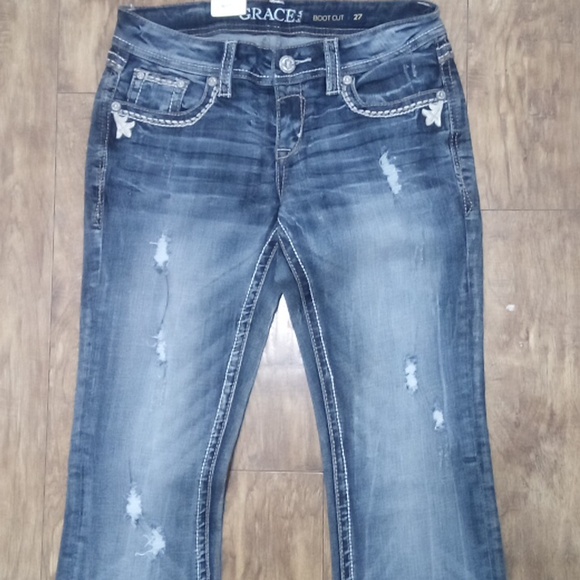 Grace in LA Women's 27 Boot Cut Embellished Rhinestones Dark Fade Distressed NWT - Picture 4 of 8